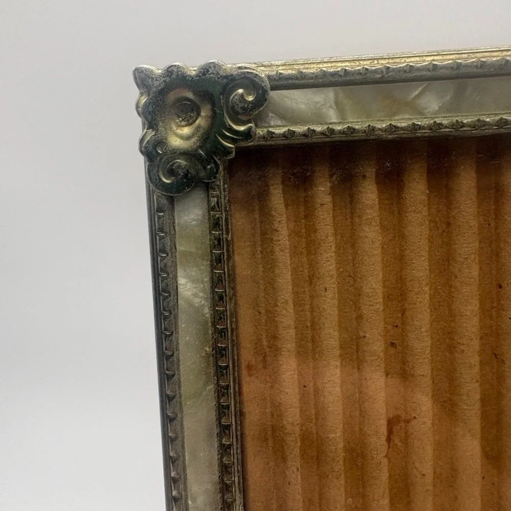 Vintage Ornate Brass Mother of Pearl Inlay Picture Frame Floral Filigree 5.5x7.5